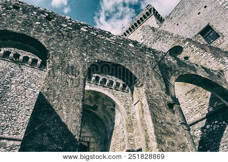 Architecture Design Detail Of Caetani Stone Medieval Castle. Beautiful Wallpaper Background. Sermone