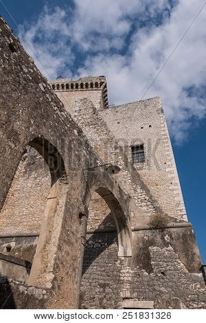 Architecture Design Detail Of Caetani Stone Medieval Castle. Vertical Image. Sermoneta. Italy. No Pe