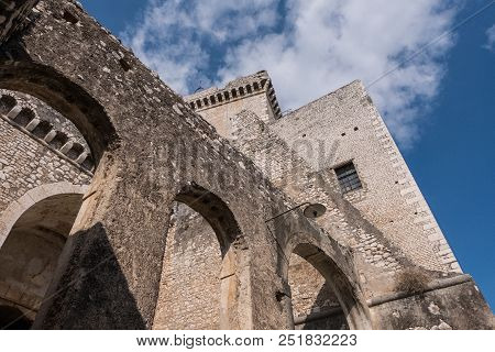 Architecture Design Detail Of Caetani Stone Medieval Castle. Beautiful Wallpaper Background. Sermone