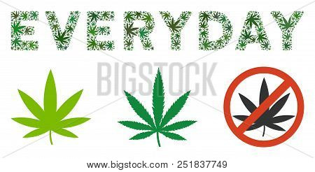 Everyday Text Mosaic Of Hemp Leaves In Variable Sizes And Green Tints. Vector Flat Hemp Leaves Are C