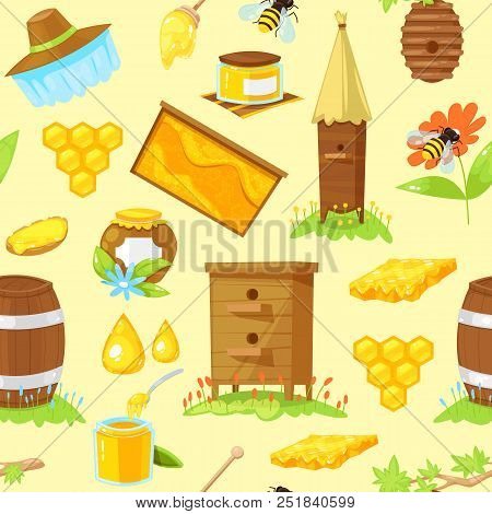 Seamless Pattern Of Cartoon Elements Of Beekeeping On White Background.