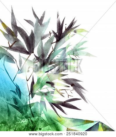 Watercolor And Ink Illustration Of Bamboo Leaves, White Grunge Background With Color Watersplashes, 