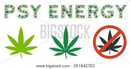 Psy Energy Caption Mosaic Of Marijuana Leaves In Various Sizes And Green Tinges. Vector Flat Cannabi