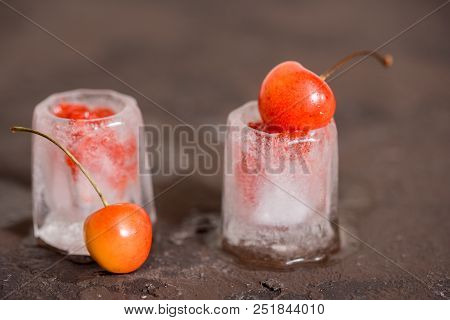 Fresh Cherry Cocktail. Fresh Summer Cocktail With Cherry And Ice Cubes. Glass Of Cherry Soda Drink O