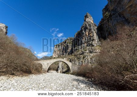 Landscape Of Bridge Of Missios In Vikos Gorge And Pindus Mountains, Zagori, Epirus, Greece