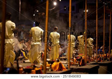 VARANASI, UTTAR PRADESH, INDIA - JULY 9, 2018: Ganga Aarti ceremony at Dasashvamedh Ghat with thousand of prayers each evenning.