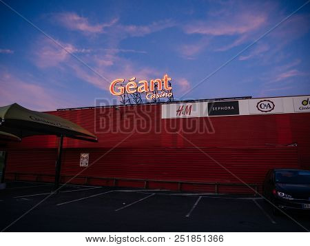 Potirers, France - Jun 27, 2018: Neon Sign Of The Large Supermarket Chain Casino Geant - Giant Casin