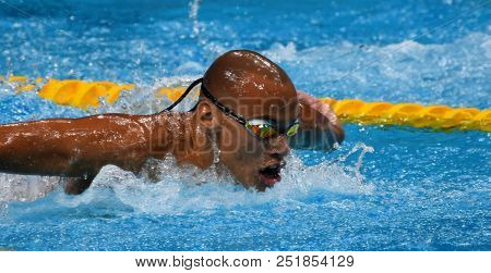 Budapest, Hungary - Jul 25, 2017. Competitive Swimmer Ivanov Antan (bul) In The 200m Butterfly Semif