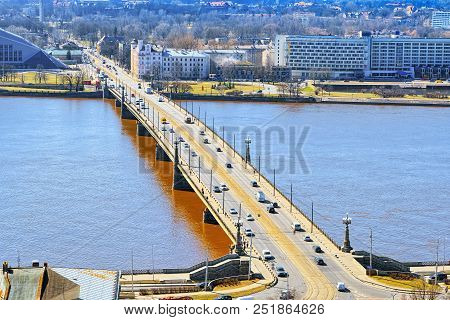Stone Bridge Across Western Dvina River In Riga.