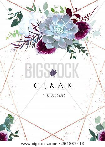 Autumn Geometric Vector Design Frame.white Hydrangea, Purple Orchid, Blue Echeveria Succulent, Eucal
