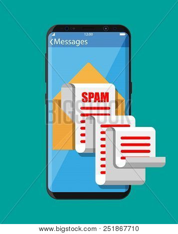 Yellow Paper Enevelope And Spam Mail On Smartphone Screen. Long Emails. Email Box Hacking, Spam Warn