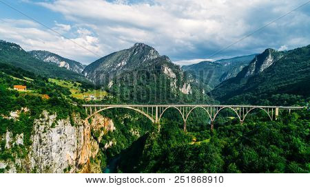 Aerial View Of Durdevica Tara Arc Bridge In The Mountains, One Of The Highest Automobile Bridges In 
