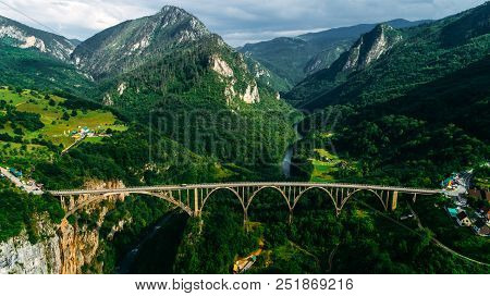 Aerial View Of Durdevica Tara Arc Bridge In The Mountains, One Of The Highest Automobile Bridges In 