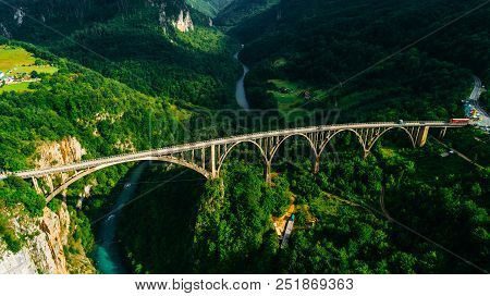 Aerial View Of Durdevica Tara Arc Bridge In The Mountains, One Of The Highest Automobile Bridges In 