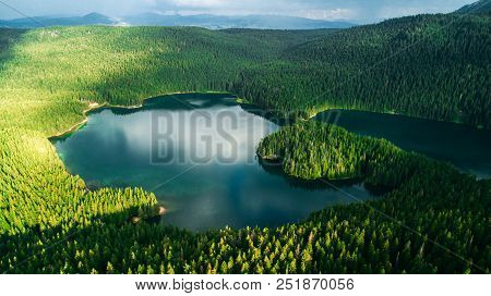 Aerial View At A Beautiful Lake In The Mountains. Black Lake, Montenegro. Black Lake, Durmitor Natio