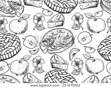 Rustic Pattern. Hand Drawn Apples, Apples Slices, Apple Blossom, Apple Pie, Vector Seamless Backgrou