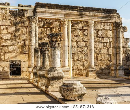 Capernaum, Israel, March 31 2018: Remains Of Synagogue In The Capharnaum The Town Of Jesus