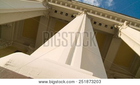 Close-up Of A Line Of Greek-style Columns. Scene. Old Building With Columns.