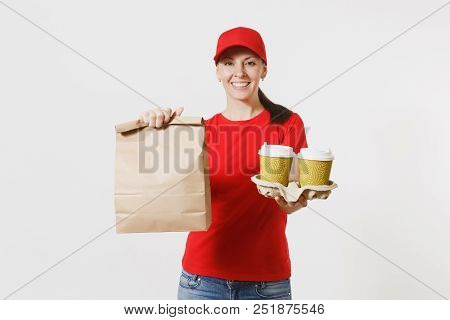 Woman In Red Cap, T-shirt Giving Fast Food Order Isolated On White Background. Female Courier Holdin