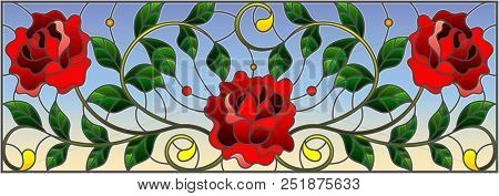 Illustration In Stained Glass Style With Abstracy Red Roses, Curls And Leaves On A Sky Background