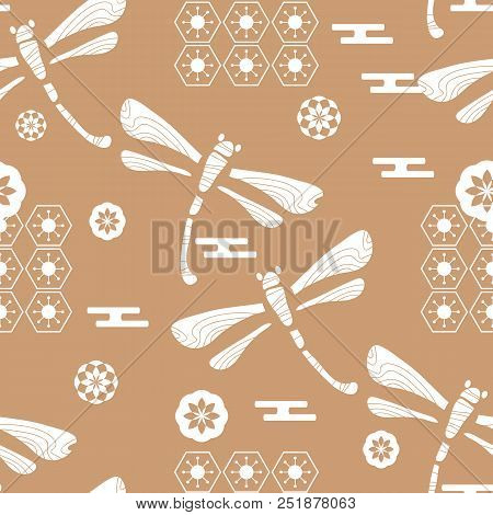 Beautiful Japanese Seamless  Pattern With Dragonfiles. Chinese, Japanese Elements.vector Unique Seam