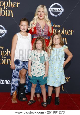 Tori Spelling, Stella Doreen McDermott, Finn Davey McDermott and Hattie Margaret McDermott at the LA premiere of 'Christopher Robin' held at the Walt Disney Studios in Burbank, USA on July 30, 2018.