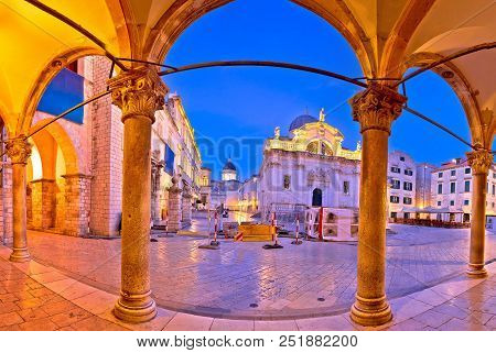 Stradun In Dubrovnik Arches And Landmarks Panoramic View At Dawn, Dalmatia Region Of Croatia