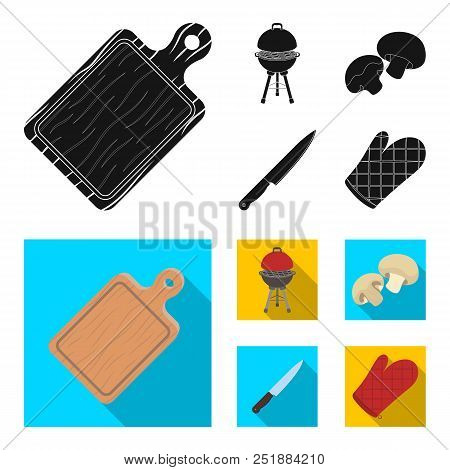 Barbeque Grill, Champignons, Knife, Barbecue Mitten.bbq Set Collection Icons In Black, Flat Style Ve