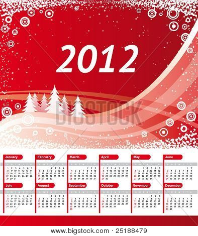 Calendario 2012. Sfondo paesaggio rosso vettoriale con alberi di Natale, onde e fiocchi di neve