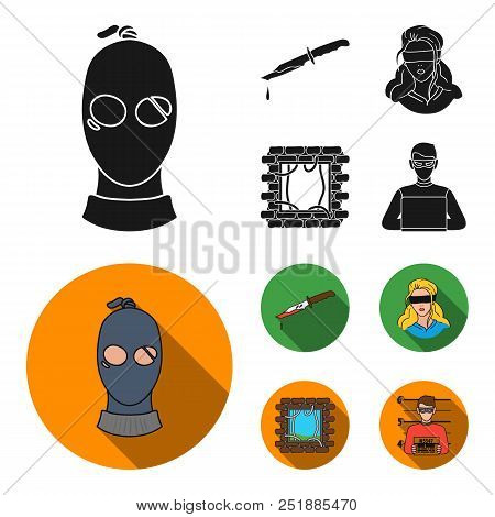 A Thief In A Mask, A Bloody Knife, A Hostage, An Escape From Prison.crime Set Collection Icons In Bl