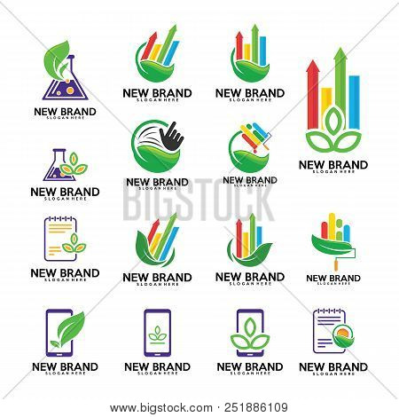 Set Of Green Logo Vector, Leaf Logo Template, Finance, Biology, Phone, Touch, Note.