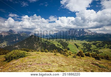 Sunny Mountain Valley Panoramic View, Dolomites Alps