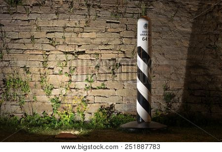 Estonian Border Post On The Border With Russia. Night Photo. The Post Is Installed In The City Of Na