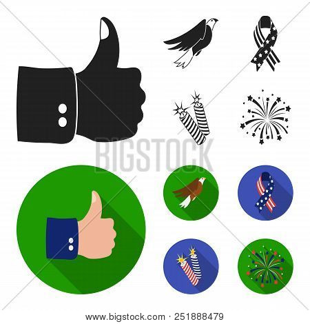 American Eagle, Ribbon, Salute. The Patriot Day Set Collection Icons In Black, Flat Style Vector Sym