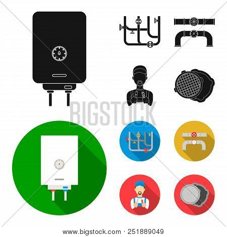 Boiler, Plumber, Ventils And Pipes.plumbing Set Collection Icons In Black, Flat Style Vector Symbol 