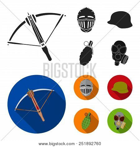 Crossbow, Medieval Helmet, Soldier Helmet, Hand Grenade. Weapons Set Collection Icons In Black, Flat