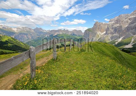Sella Group Mountains (on The Right) And Cir Mountains (on The Left) Viewed From A Hiking Path Above