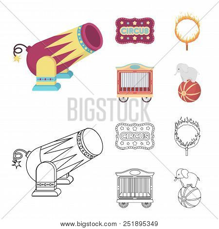 Circus Trailer, Circus Gun, Burning Hoop, Signboard.circus Set Collection Icons In Cartoon, Outline 