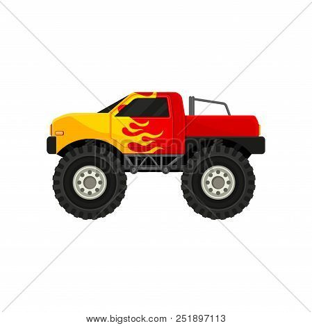 Bright Red Monster Truck With Yellow Flame Decal. Heave Car With Large Tires And Black Tinted Window