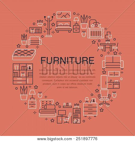 Furniture Sale Banner Illustration With Flat Line Icons. Living Room, Bedroom, Home Office Chair, Ki