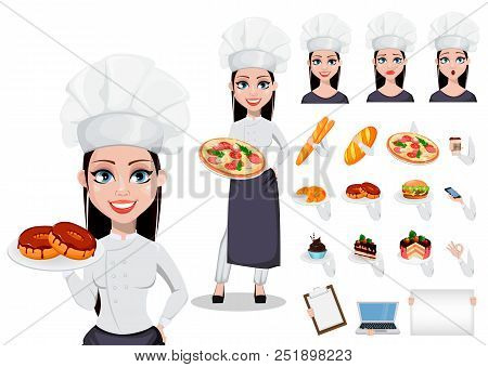 Beautiful Baker Woman In Professional Uniform And Chef Hat, Set. Pack Of Body Parts, Emotions And St