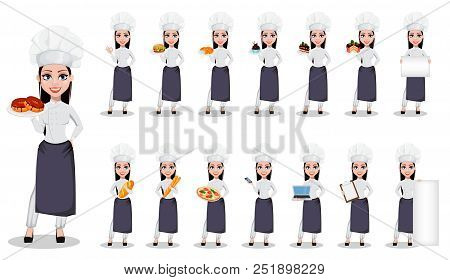 Beautiful Baker Woman In Professional Uniform And Chef Hat, Set Of Fifteen Poses. Cheerful Cartoon C