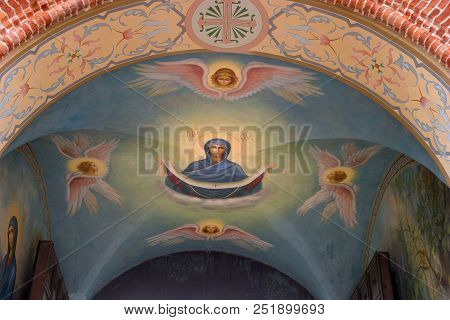 Kuremae, Estonia - 27 July 2018: Icons In The Arch Of The Saint Gate With Belfry. Puhtitsa Dormition