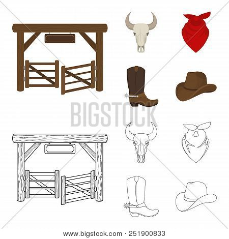 Gates, A Bull Skull, A Scarf Around His Neck, Boots With Spurs. Rodeo Set Collection Icons In Cartoo