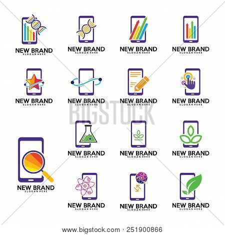 Set Of Phone Logo Template, Biology Laps Icon, Touch, Green Or Leaf, Find, Note, Star, Stats Or Fina