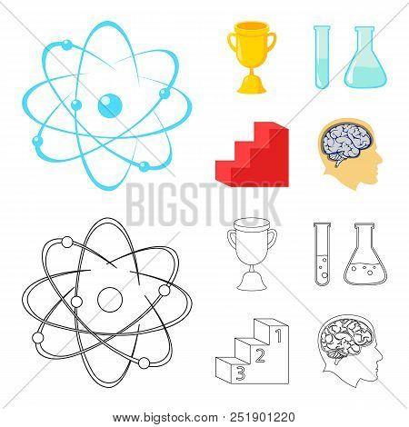 A Cup, Test Tubes With A Reagent, A Pedestal, A Man Head With A Brain. School Set Collection Icons I