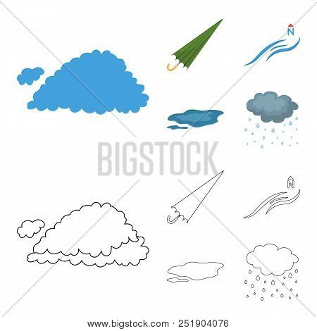 Cloud, Umbrella, The North Wind, A Puddle On The Ground. The Weather Set Collection Icons In Cartoon