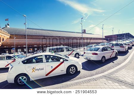 Madrid, Spain - 27 March, 2018: Taxi Of The White Color Of The City Of Madrid On City Streets.
