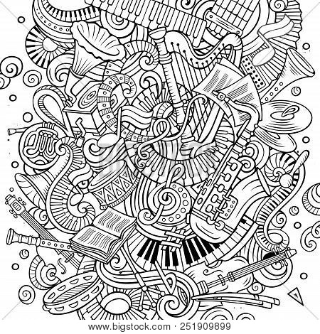 Cartoon Vector Doodles Classic Music Illustration. Line Art, Detailed, With Lots Of Objects Backgrou