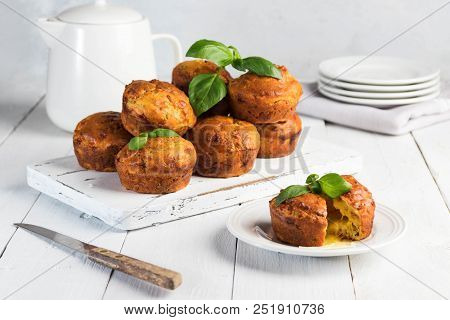 Homemade Freefly Baked Double Cheese Muffins With Basilic On A White Wooden Board. Healthy Snack Or 